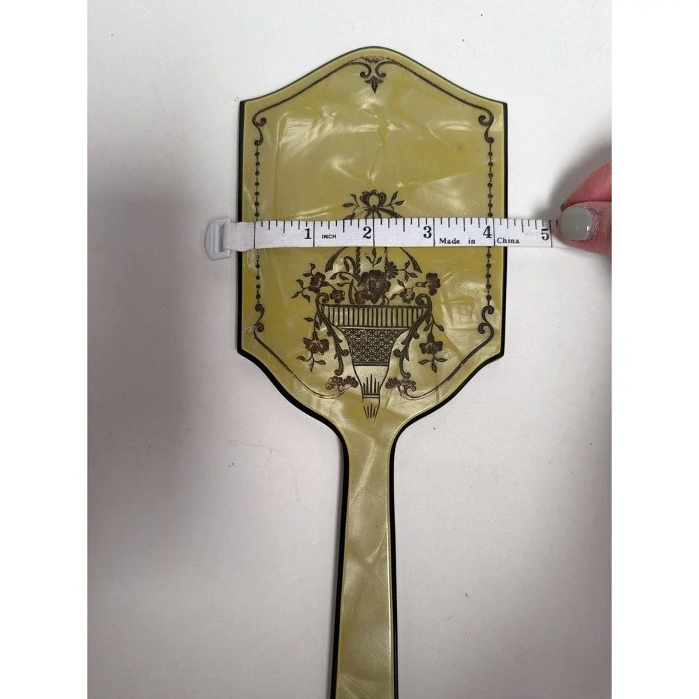 Vintage 1920s Art Deco Yellow‎ Celluloid Hand Mirror with Floral Basket Design